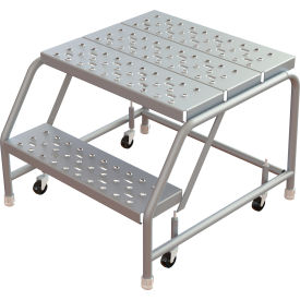 2 Step Rolling Ladder, Aluminum, Perforated, 21" Deep Top Step, No Handrails, 24"W Step