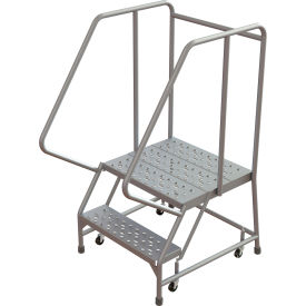 Aluminum Rolling Ladder, 2 Step, Perforated, 21" Deep Top Step, With Handrails, 24"W Step