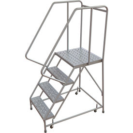 Tri-Arc Rolling Ladder, 4 Step, Aluminum, Perforated, 21" Deep Top Step, With Handrails, 24"W Step