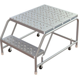 Tri-Arc Rolling Ladder, 2 Step, Aluminum, Perforated, 28" Deep Top Step, No Handrails, 24"W Step