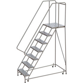 Tri-Arc Rolling Ladder, 7 Step, Aluminum, Perforated, 21" Deep Top Step, With Handrails, 24"W Step