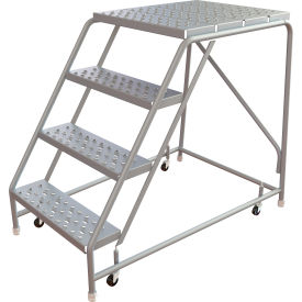 Tri-Arc Rolling Ladder, 4 Step, Aluminum, Perforated, 28" Deep Top Step, No Handrails, 24"W Step