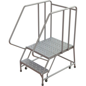 Tri-Arc Rolling Ladder, 2 Step, Aluminum, Perforated Top Step, Handrails, 24"W Step