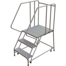 Tri-Arc Rolling Ladder, 3 Step, Aluminum, Perforated, 28" Deep Top Step, With Handrails, 24"W Step