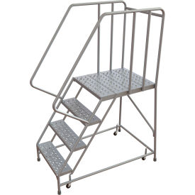 Tri-Arc Rolling Ladder, 4 Step, Aluminum, Perforated, 28" Deep Top Step, With Handrails
