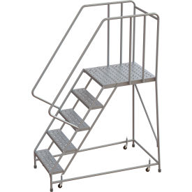 Tri-Arc Rolling Ladder, 5 Step, Aluminum, Perforated, 28" Deep Top Step, With Handrails