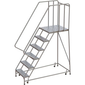 Tri-Arc Rolling Ladder, 6 Step, Aluminum, Perforated, 28" Deep Top Step, With Handrails