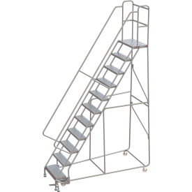 Tri-Arc Rolling Ladder, 11 Step, Aluminum, Perforated, Lock Step, 14"D Top Step, 24"W Step