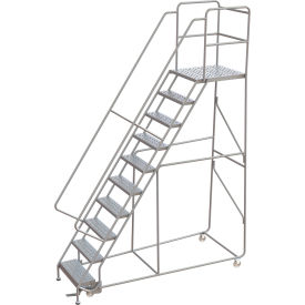 Tri-Arc Rolling Ladder, 10 Step, Aluminum, Perforated, Lock Step, 28"D Top Step, 24"W Step