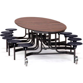 Mobile Cafeteria Table w/Black Stools,121"L x 73-1/2"W Elliptical, Walnut Top/Black Frame