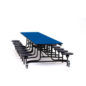 Mobile Cafeteria Table w/16 Black Stools, 145"L x 59"W, Blue Top, Black Frame