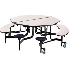 Mobile Cafeteria Table w/Stools & Benches, 60" Octagon, Gray Top, Black Frame