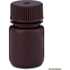 Wide Mouth HDPE Bottle, Attached Polypropylene Screw Cap, Amber, 30mL, 12 Pack