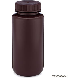 Wide Mouth HDPE Bottle, Attached Polypropylene Screw Cap, Amber, 500mL, 12/Pack