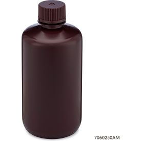 Bottle, Narrow Mouth, HDPE, Attached Polypropylene Screw Cap, Amber, 250mL, 12/Pack