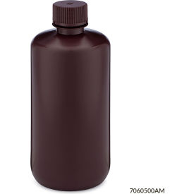Bottle, Narrow Mouth, HDPE, Attached Polypropylene Screw Cap, Amber, 500mL