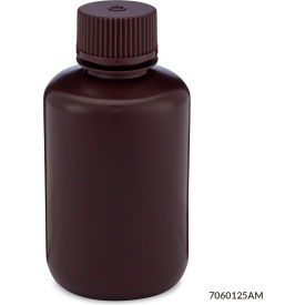 Bottle, Narrow Mouth, HDPE, Attached Polypropylene Screw Cap, Amber, 125mL, 12/Pack