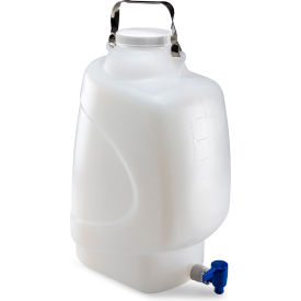 Carboy, Rectangular with Spigot and Handle, HDPE, White PP Screwcap, 20 Liter, Molded Graduations