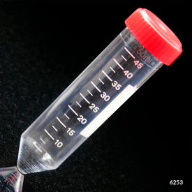 Centrifuge Tube, 50mL, Attached Red Screw Cap, Polystyrene, Printed Graduations, Sterile, 500/Pack
