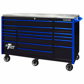 17 Drawer Pro Triple Bank Roller, 72"W x 30"D x H"44-3/4, Black w/Blue Drawer Pulls
