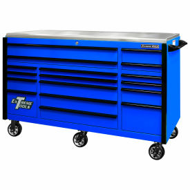 17 Drawer Pro Triple Bank Roller, 72"W x 30"D x H"44-3/4, Blue w/Black Drawer Pulls