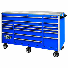17 Drawer Pro Triple Bank Roller, 72"W x 30"D x H"44-3/4, Blue w/Chrome Drawer Pulls