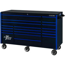 12 Drawer Roller Cabinet, 55"W x 25"D x H"47, Black w/Blue Handles & Trim