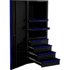 4 Drawer/2 Shelf Pro Side Cabinet, 24"W x 30"D x H"63-3/8, Black w/Blue Handles