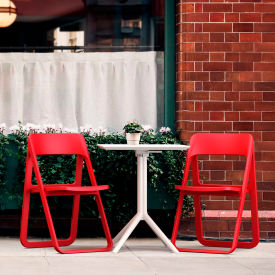 3 Piece Outdoor Bistro Set, Table 23-5/8"W x 29-1/2"H, White Table & Red Chairs.