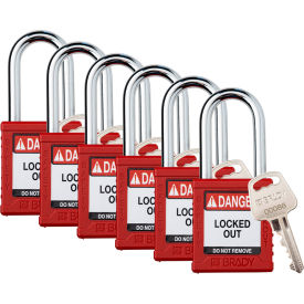 Safety Lockout Padlock, Keyed Different, 1-1/2", Plastic/Steel, Red, 6/PK