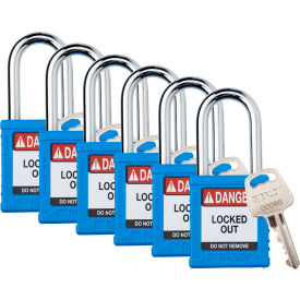 Safety Lockout Padlock, Keyed Different, 1-1/2", Plastic/Steel, Blue, 6/PK