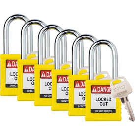 Safety Lockout Padlock, Keyed Alike, 1-1/2", Plastic/Steel, Yellow, 6/PK