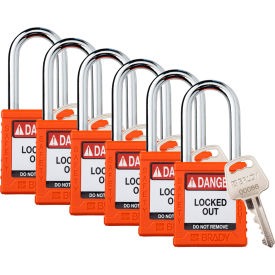 Safety Lockout Padlock, Keyed Different, 1-1/2", Plastic/Steel, Orange, 6/PK