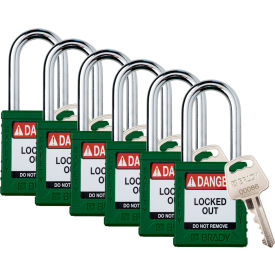 Safety Lockout Padlock, Keyed Alike, 1-1/2", Plastic/Steel, Green, 6/PK