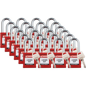 Safety Lockout Padlock, Keyed Alike, 1-1/2", Plastic/Steel, Red, 24/PK