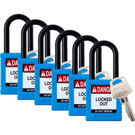 Safety Lockout Padlock, Keyed Different, 1-1/2", Plastic/Nylon, Blue, Pack of 6
