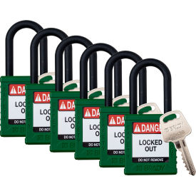 Safety Lockout Padlock, Keyed Alike, 1-1/2", Plastic/Nylon, Green, 6/PK