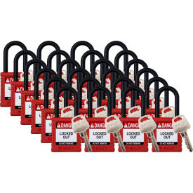 Safety Lockout Padlock, Keyed Different, 1-1/2", Plastic/Nylon, Red, 24/PK