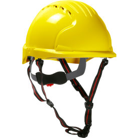 Ascend Short Brim Safety Helmet HDPE Shell, 4-Pt Chinstrap, 6-Point Suspension, Yellow