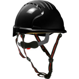 Ascend Short Brim Safety Helmet HDPE Shell, 4-Pt Chinstrap, 6-Point Suspension, Black