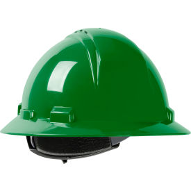 Full Brim Hard Hat HDPE Shell, Vented, 4-Point Suspension, Ratchet Adjustment, Green
