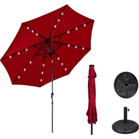 Solar Market Umbrella w/ LED Lights and Base, Crank/Tilt, 9-7/8' W, Red