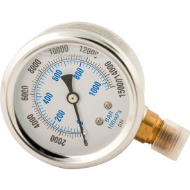 Hydraulic Pressure Gauge, 2-1/2" Face Glycerin Filled 0-15,000 PSI 1/4"-18 NPTF