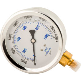 Hydraulic Pressure Gauge, 4" Face Glycerin Filled 0-15,000 PSI 1/4"-18 NPTF