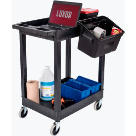 Plastic Utility Tub Cart, Two Shelves w/ Outrigging Utility Cart Bins, 24" x 18", Black