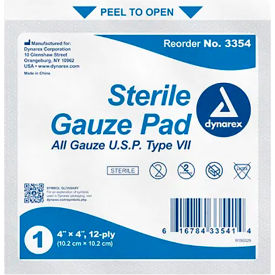 Gauze Pad, Sterile, 4"L x 4"W, 12 Ply, 1200 Pcs