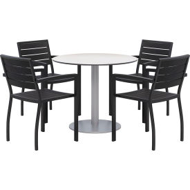 36" Round Table With 4 Chairs, Silver Table w/ Black Chairs