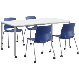 Steel Frame White Table on Casters 72"W x 36"D x 31-3/4"H with 4 Navy Poly Chairs