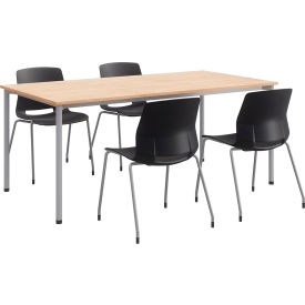 Table 72"W x 36"D x 31-3/4"H with 4 Chairs, Natural Table w/ Black Poly Chairs