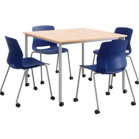 42" Square Table With 4 Chairs, Natural Table w/ Navy Poly Chairs